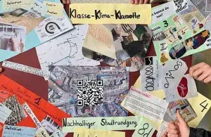 Plakat mit Collagen, QR-Code und Texten zum Thema nachhaltige Kleidung und Klima, gehalten von mehreren Händen.