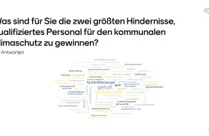 Ergebnisse einer Mentimeter Umfrage zum Thema "Was sind für Sie die zwei größten Hindernisse, qualifiziertes Personal für den Kommunalen Klimaschutz zu gewinnen?" Der Großteil der Antworten beschäftigt sich mit den Thema Finanzierung und Gehalt. Auch Themen wie der ländliche Raum und Fachkräftemangel werden erwähnt.