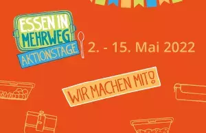 Grafik mit Text "Essen in Mehrweg Aktionstage vom 2. bis 15. Mai 2022"