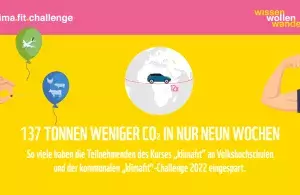 Eine pink-gelbe Kachel, darauf der Text: "klima.fit.challenge – wissen, wollen, wandeln. 137 Tonnen weniger CO2 in nur neun Wochen. So viele haben die Teilnehmenden des Kurses 'klimafit' an Volkshochschulen und der kommunalen 'klimafit'-Challenge 2022 eingespart."