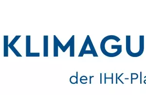 Das Logo des „KlimaGuide“: Ein Standort-Icon mit einer Standort-Nadel und einem Punkt in grün und blau. Daneben das Wort „KlimaGuide“ in 