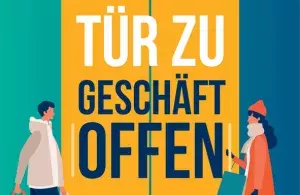 Der Ausschnitt eines Plakats der Klimaschutzoffensive des Handels zeigt eine Illustration: Zwei Personen mit Einkaufstüten gehen auf eine stilisierte Ladentür zu. Auf dieser steht: „Tür zu, Geschäft offen“